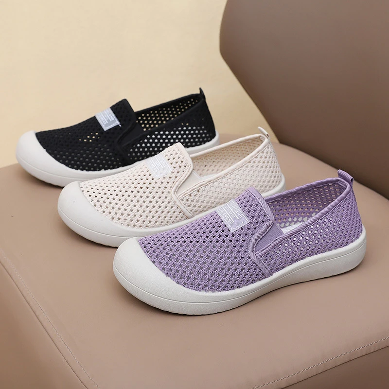 夏季新款老北京布鞋网面镂空平底鞋一脚蹬妈妈鞋防滑舒适休闲鞋