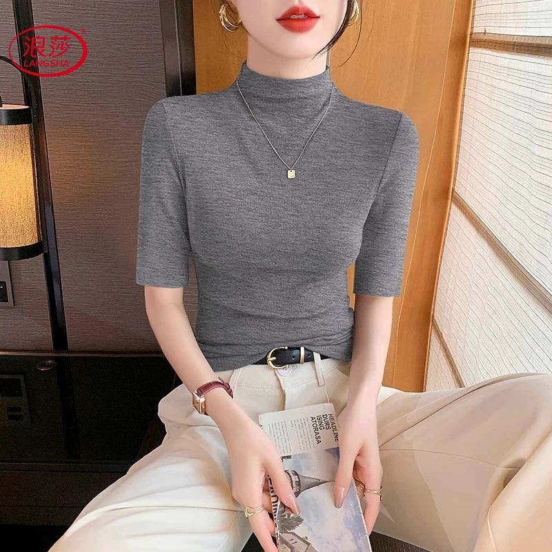 浪莎半高领百搭中袖t恤秋冬韩版打底衫2025新款修身显瘦洋气内搭