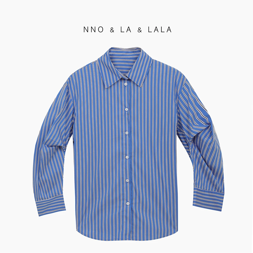 LA  慵懒感小众设计 缩褶镰刀袖 蓝色条纹衬衫 26473