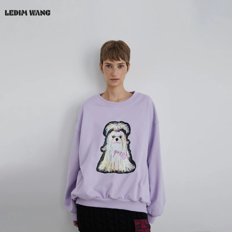 LEDIM WANG红标俏皮软语可爱小狗宽松卫衣女25冬新款紫色长袖上衣