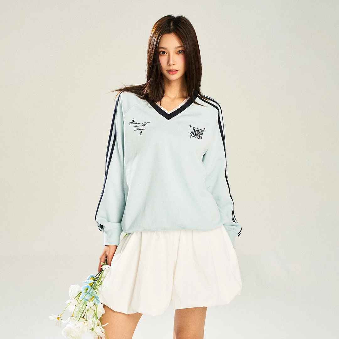 NSTNEW START发芽计划blokette风复古运动蕾丝边宽松V领条纹上衣