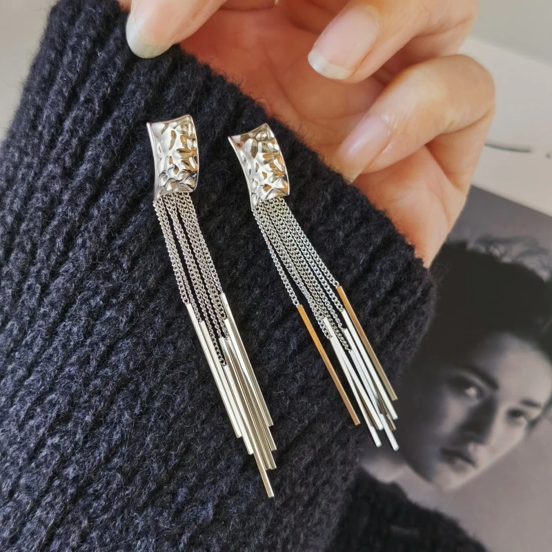 925银耳饰 时尚轻奢耳饰S925纯银耳钉气质长流苏链条百搭长款耳环