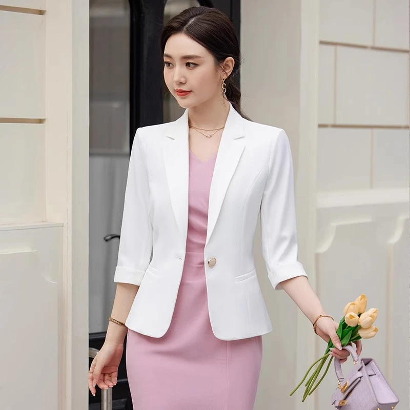 中袖白色西服外套连衣裙气质时尚春夏修身主持人美容院职业西服裙