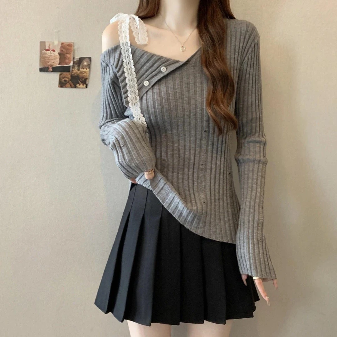 FAVMARTHA套头毛衣女秋冬慵懒风感复古内搭设计感灰色斜肩针织衫