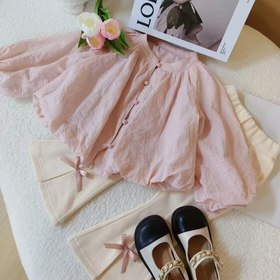 女宝宝韩版刺绣衬衫春秋季2025新款小女孩洋气衬衣蝴蝶结裤子套装