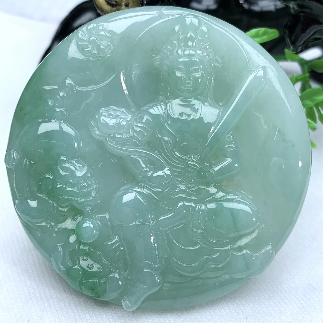 天然缅甸翡翠A货冰润满绿文殊菩萨吊坠挂件玉牌52−52.2−6.4mm