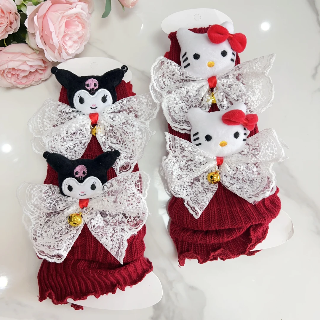女童红色新年kt猫套秋冬保暖卡通可爱中筒堆堆袜蕾丝蝴蝶结袜