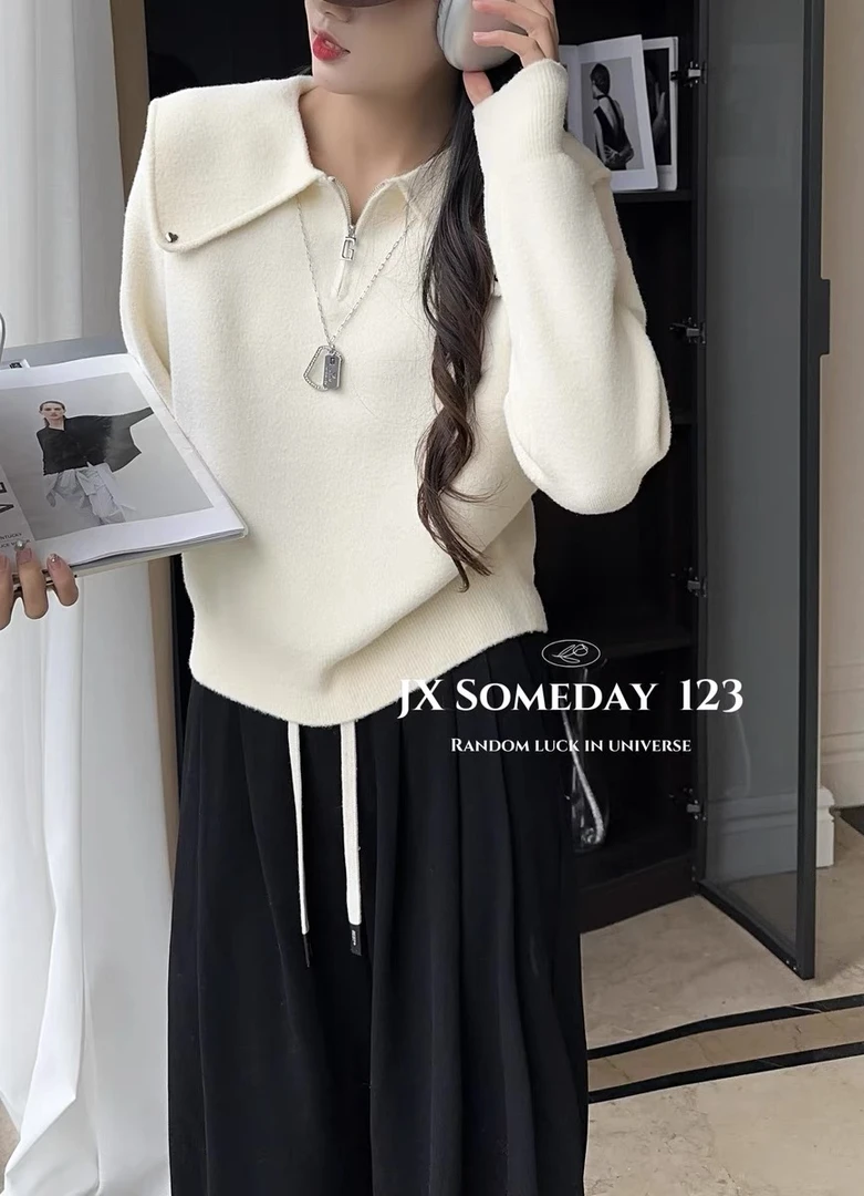 2024新款韩国绒高级感V领上衣拉链翻领针织衫内搭打底毛衣女秋冬