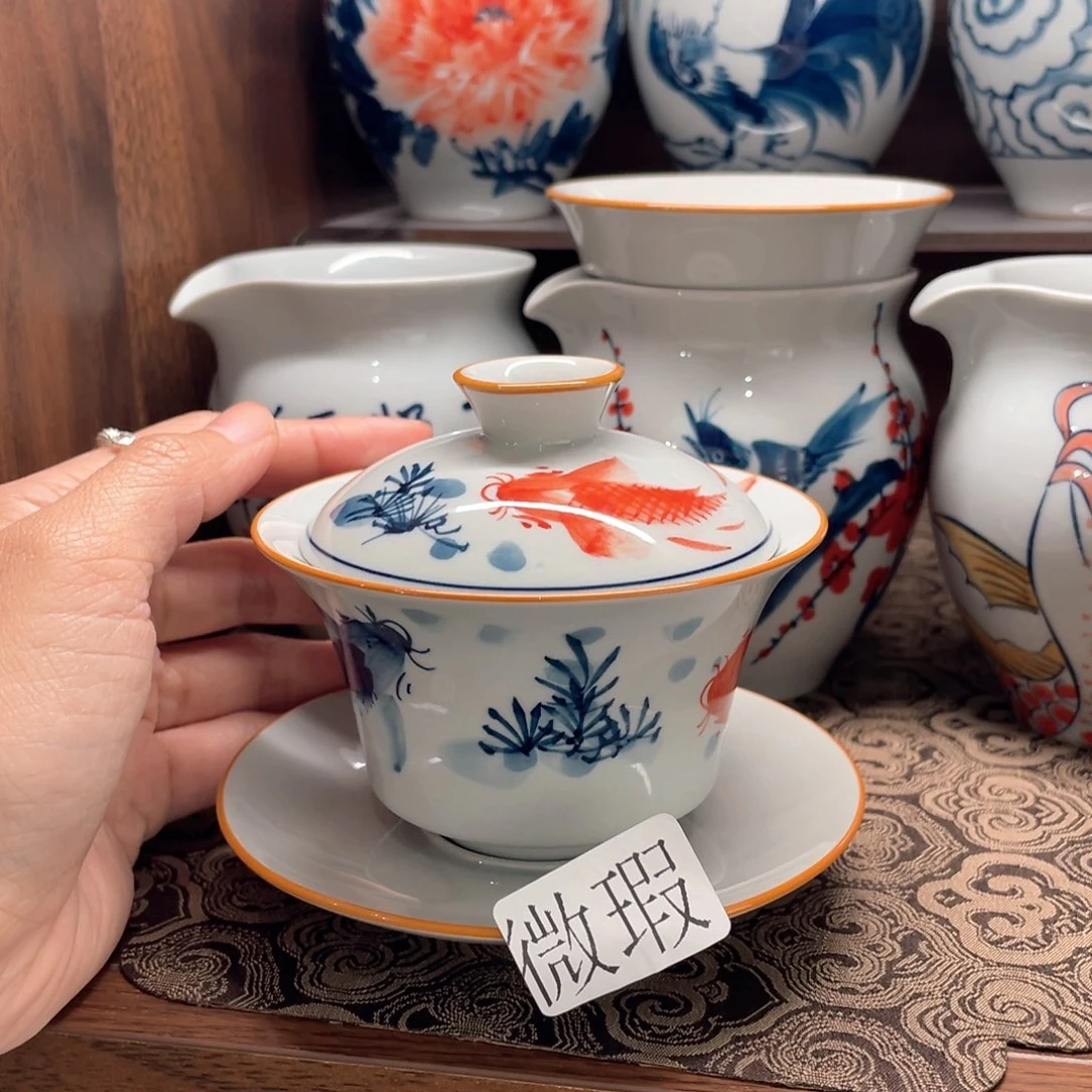 釉下手绘茶具微瑕