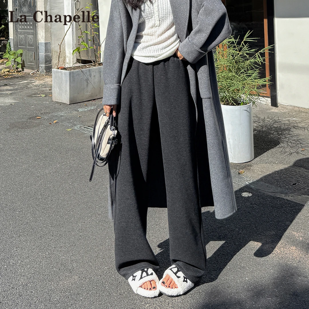 拉夏贝尔人字纹灰色毛呢裤子女秋冬2025新款松弛感高腰窄版阔腿裤