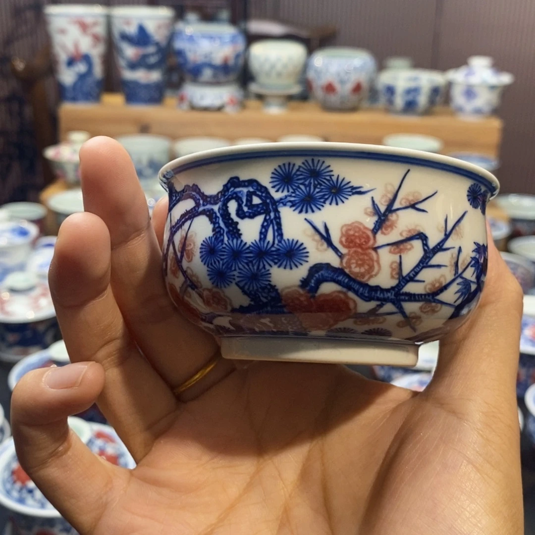 微瑕松竹梅炉式杯原矿手绘