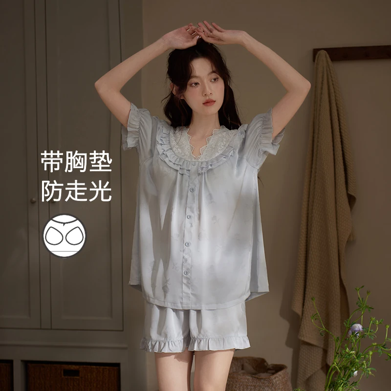 思莉太太【夏日气息】带胸垫睡衣女夏季凉感冰丝甜美蕾丝短袖家居服