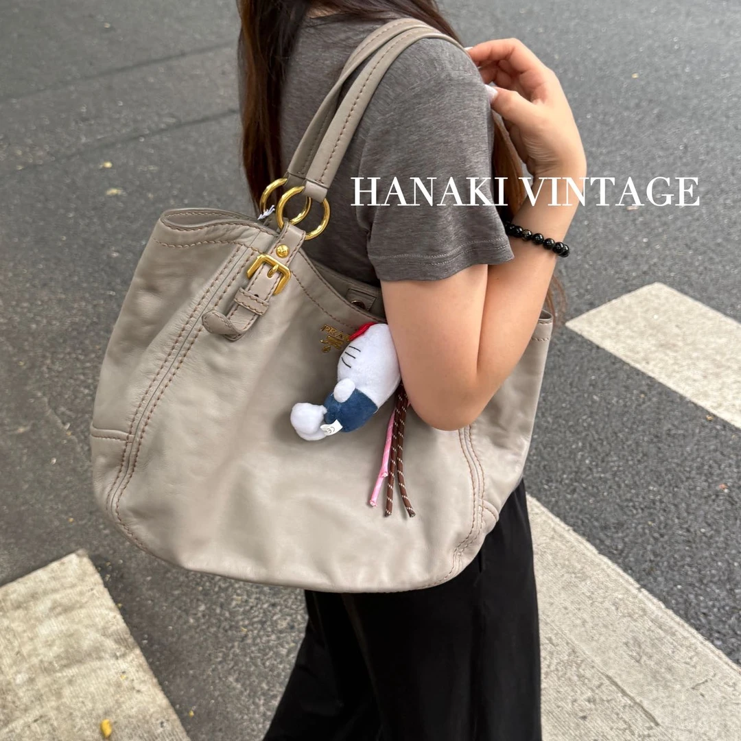 95新 Prada/普拉达 花绮中古/Prada灰色拖特单肩包