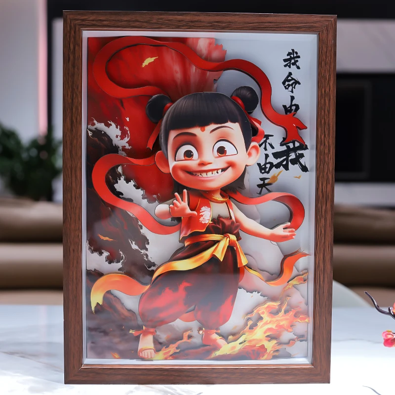魔童哪吒全家福非遗立体剪纸画家居装饰传统手工桌面摆台挂画礼物