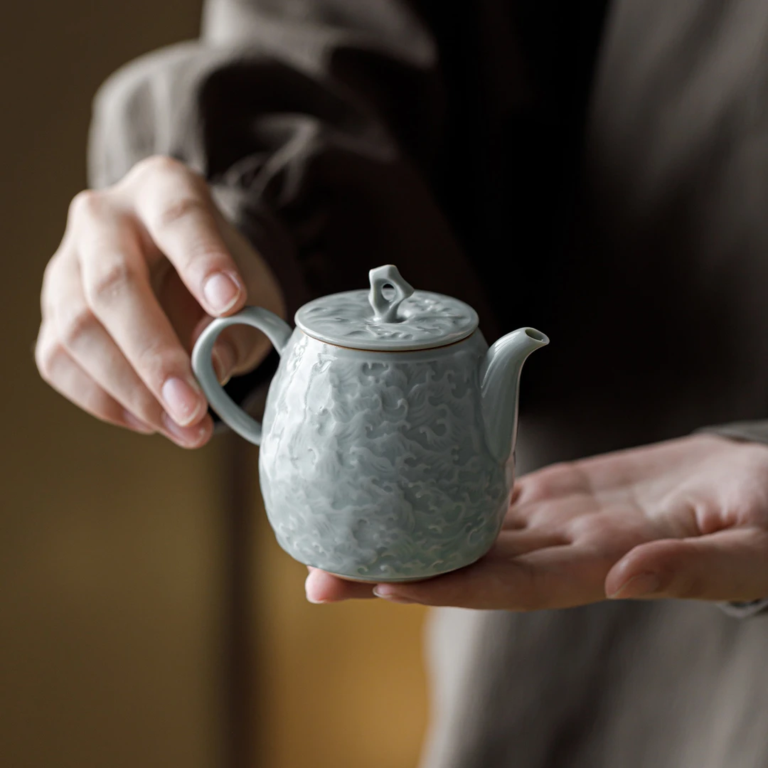 天青色汝窑浮雕茶壶功夫茶具中式高档家用泡茶壶单壶陶瓷汝瓷茶壶