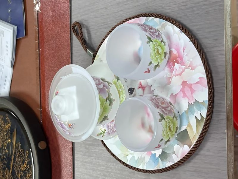 ZH3637-牡丹琉璃盖碗+牡丹琉璃盖碗*2+萌猫牡丹茶盘