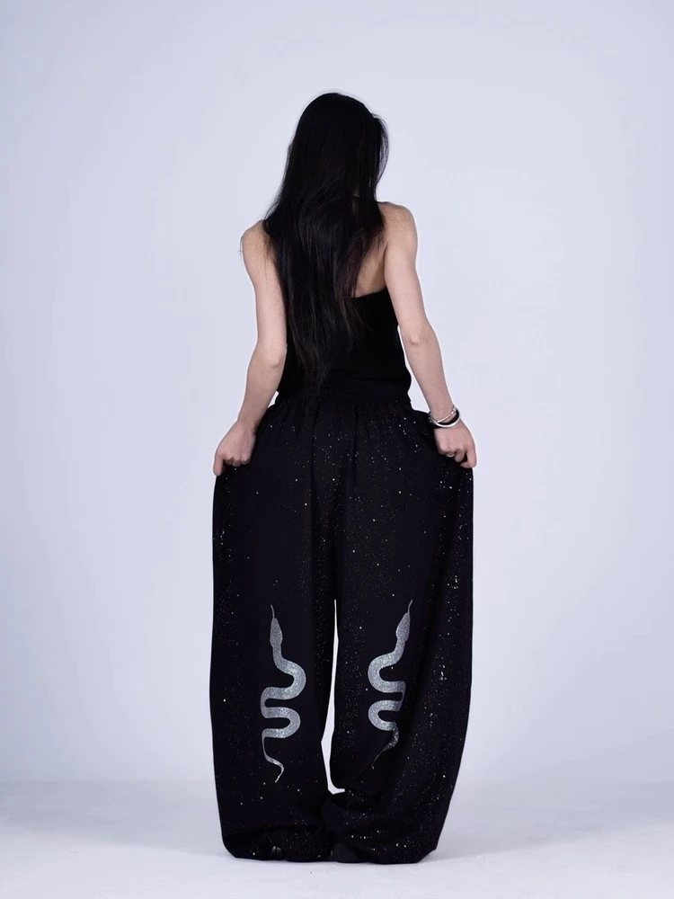 美式重工烫钻撒银爆闪小蛇印花闪闪裤女宽松超大版型舞蹈休闲卫裤