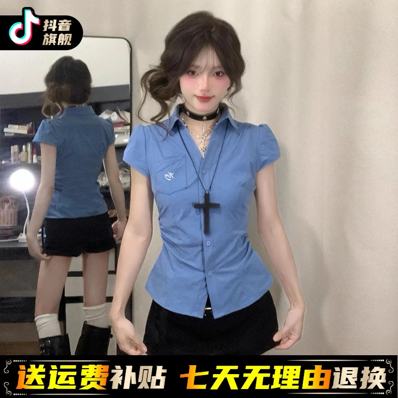 慵懒风独特漂亮小衫蓝色短袖衬衫女夏季2025新款法式气质衬衣上衣