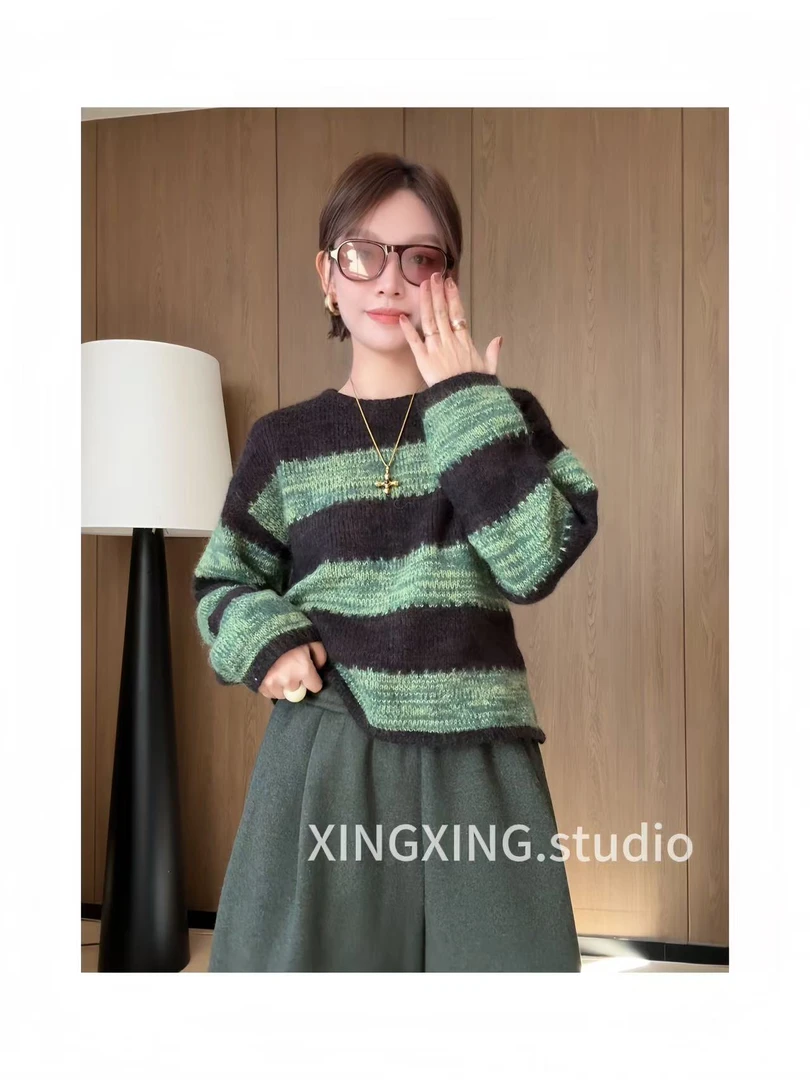 X.x.韩系冬圆领条纹套头女宽松休闲百搭显瘦毛衣251010