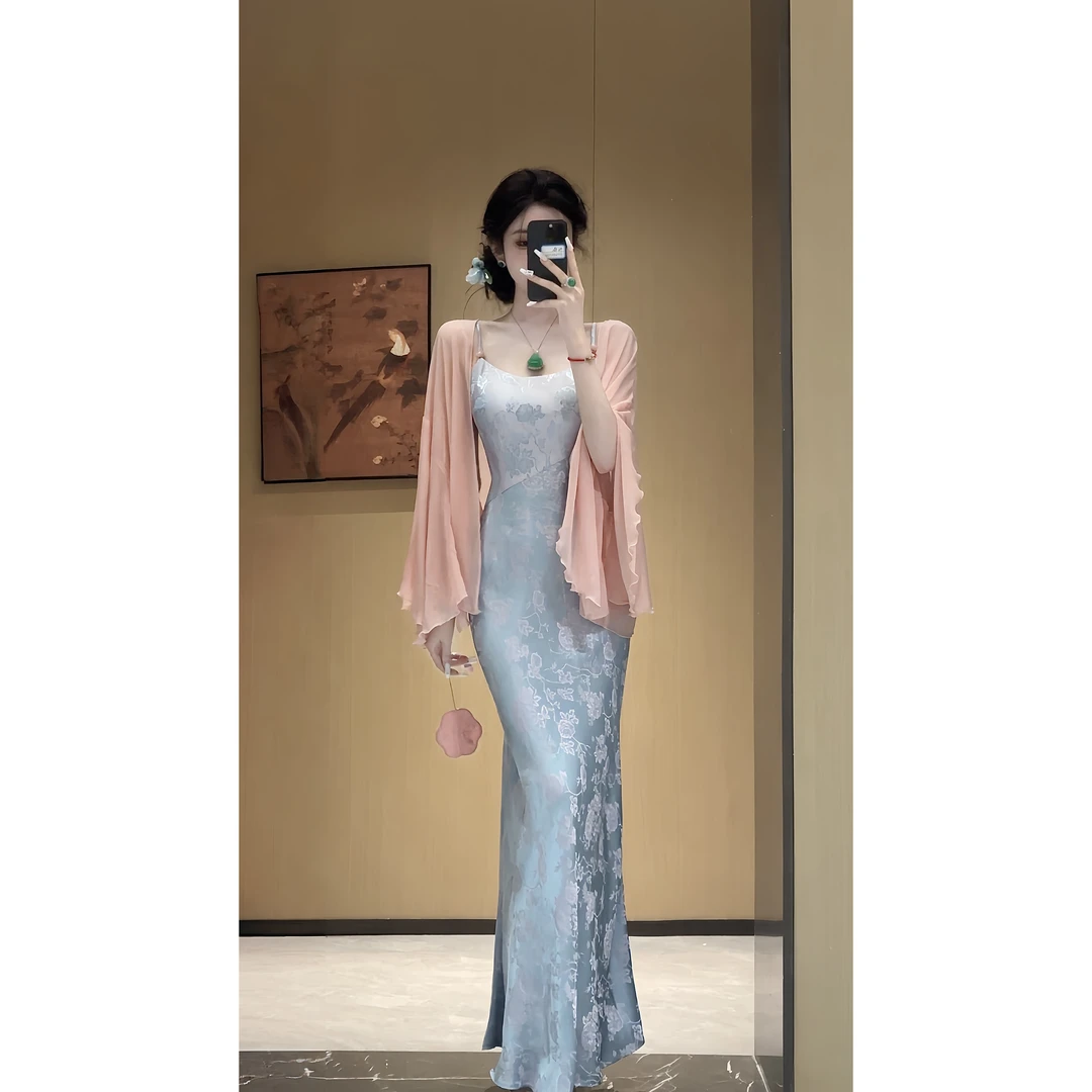 【雅乔定制】浮光牡丹 蓝紫拼色提花吊带鱼尾连衣裙DYYY-24125691