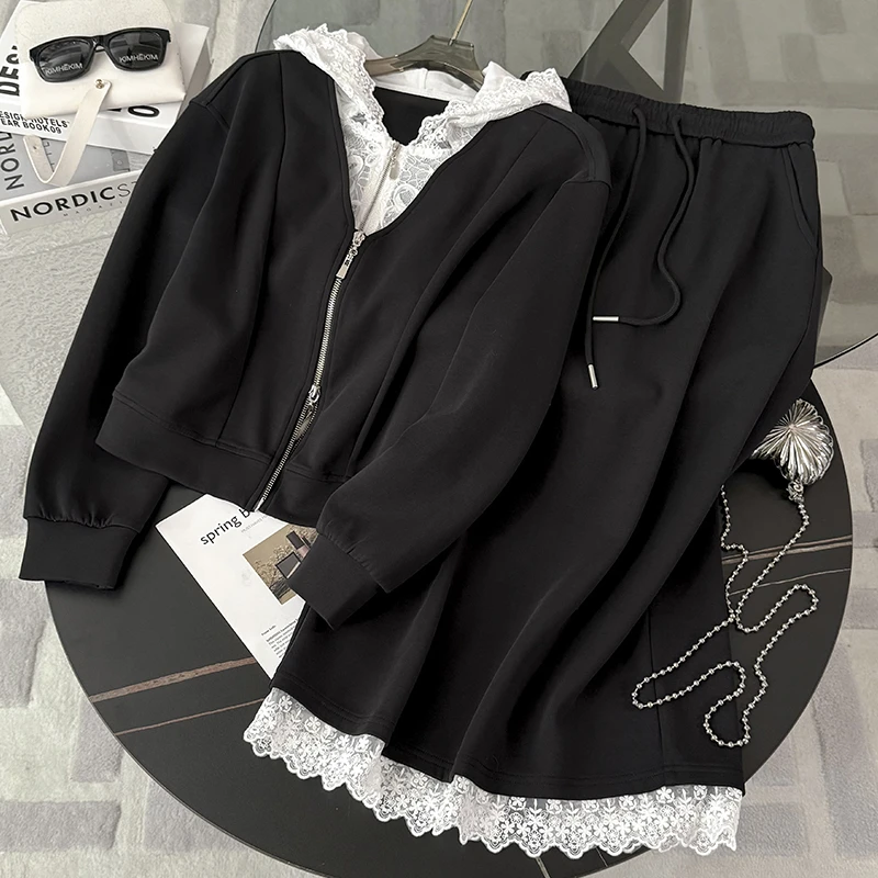 韩系洋气休闲时尚套装裙女春秋款拼接蕾丝气质外套半身裙两件套潮