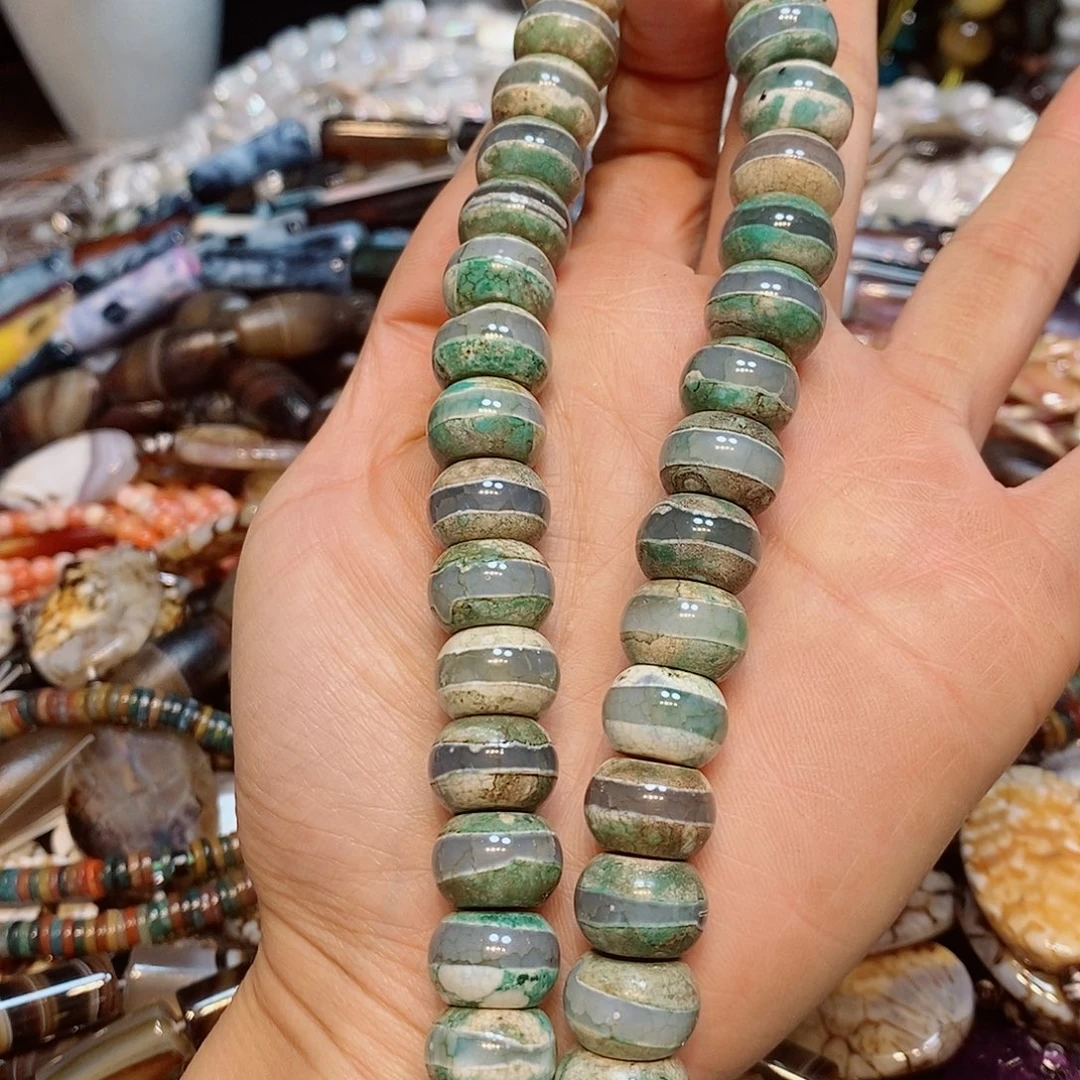 玛瑙/玉髓散珠天然绿天珠玛瑙一线14mm