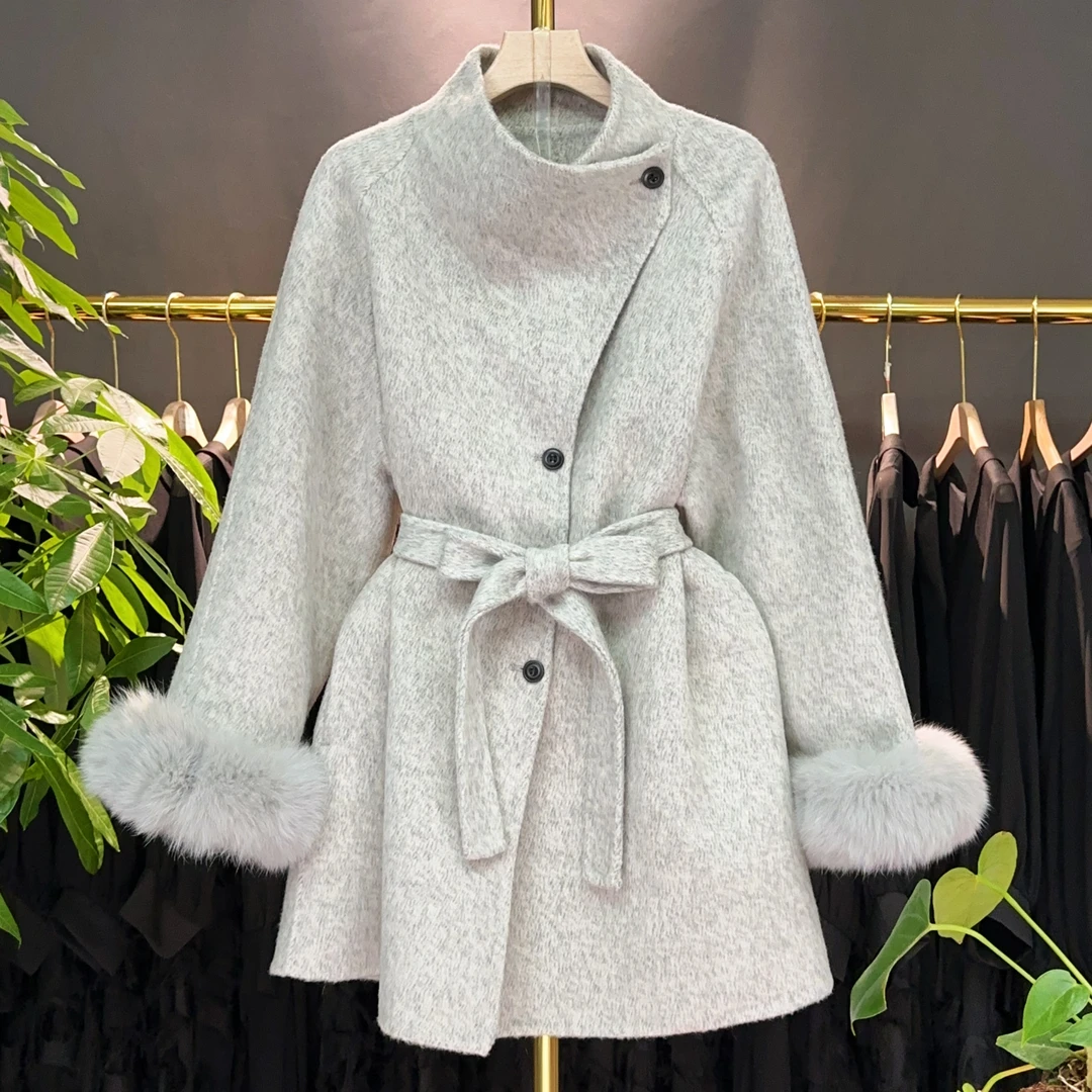 【A9177】毛呢外套女2025秋冬新款时尚系带短款毛呢外套