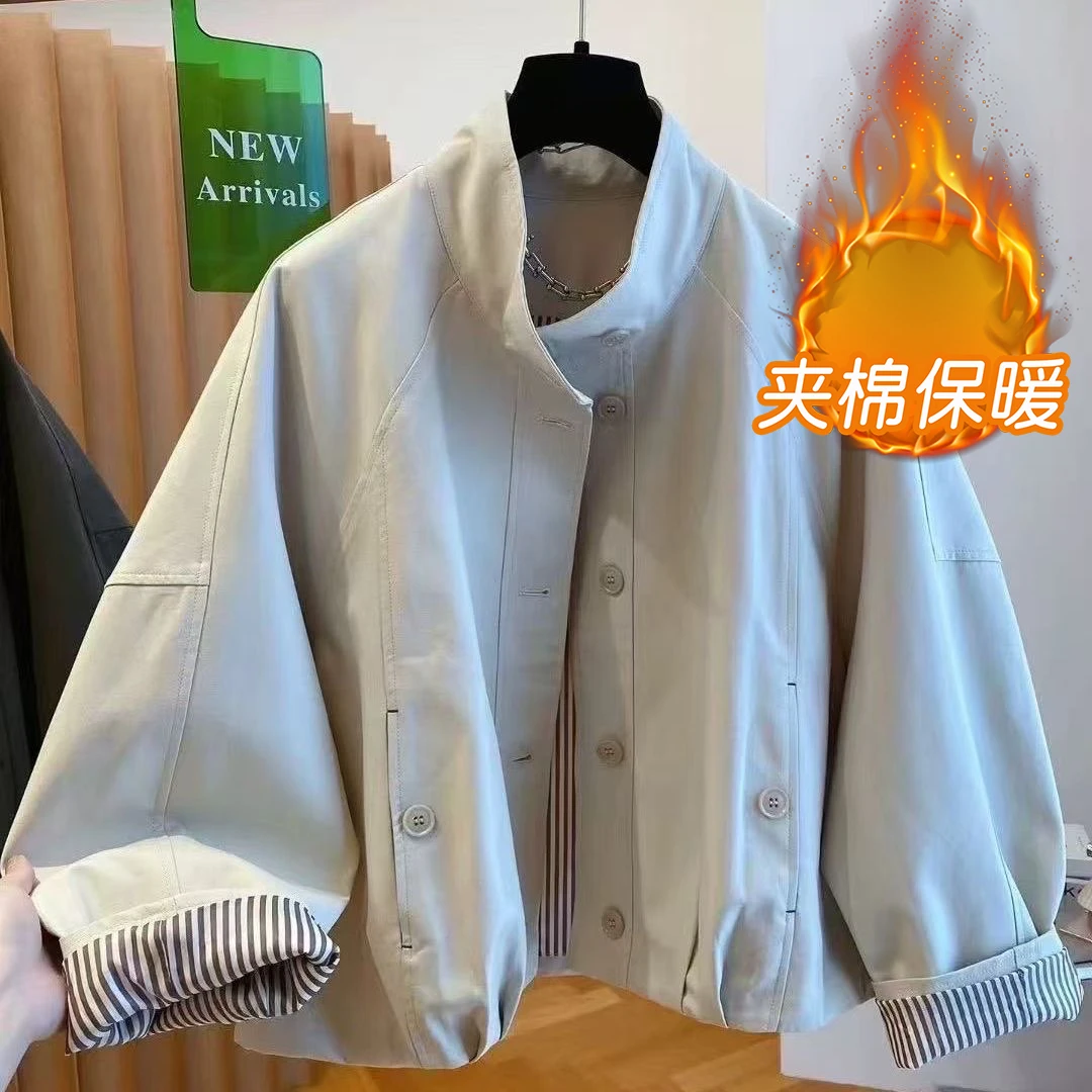 秋冬加厚夹棉高级感韩系立领撞色工装外套女港风休闲流行冲锋衣
