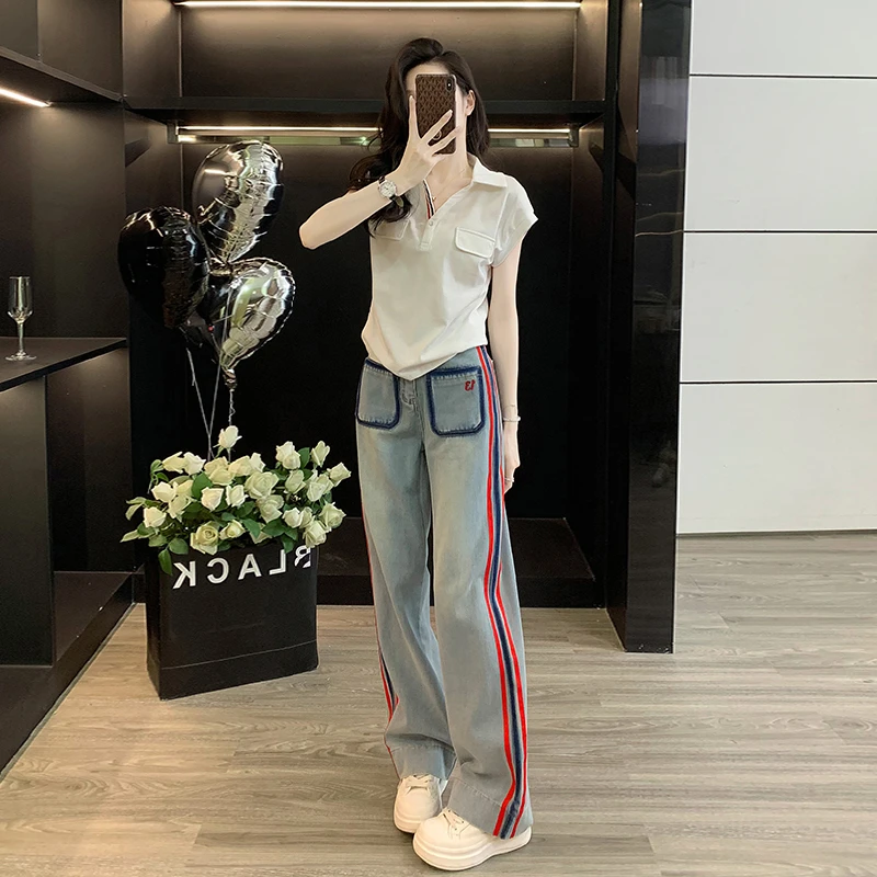 韩系减龄洋气休闲运动夏季显瘦短袖搭高腰时尚牛仔裤减龄时尚套装