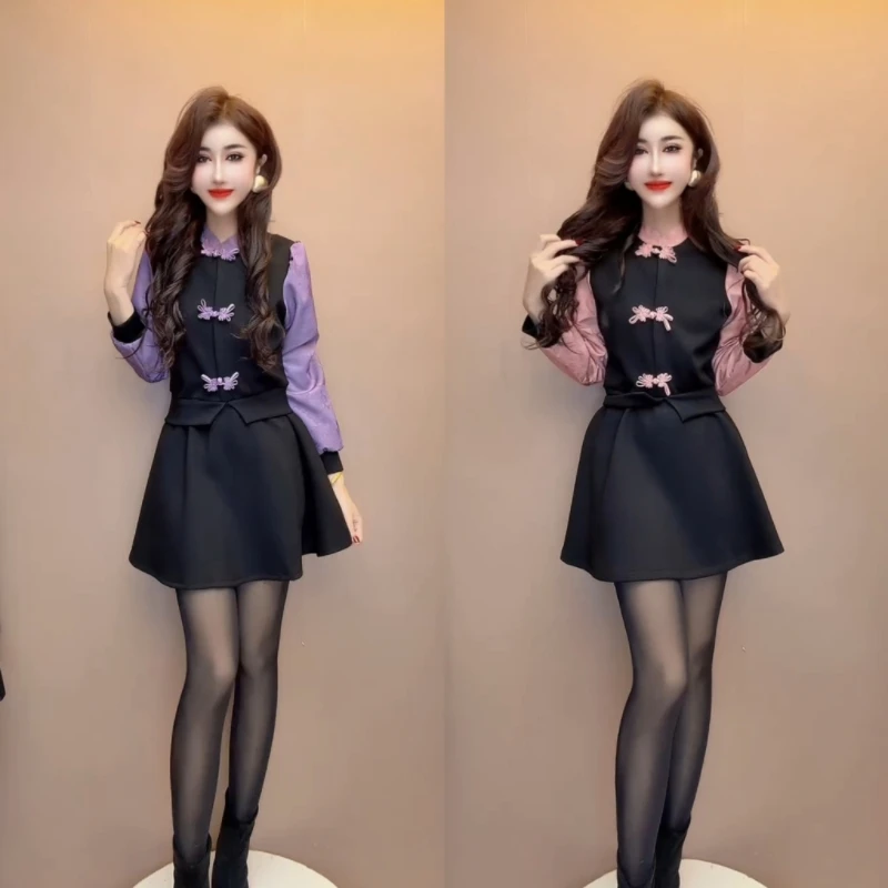 时尚假两件连衣裙女秋冬季新款小个子收腰显瘦拼色女神穿搭高品质