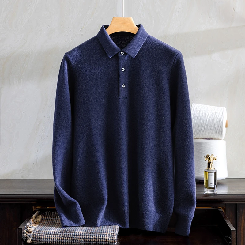 100%纯山羊绒衫男士商务休闲Polo领T恤衫纯羊绒套头衬衣330-380克