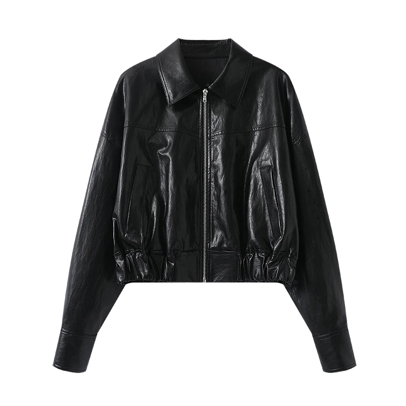 艾家同款2025春新款黑色拉链短款翻领夹克PU皮衣外套女50121022