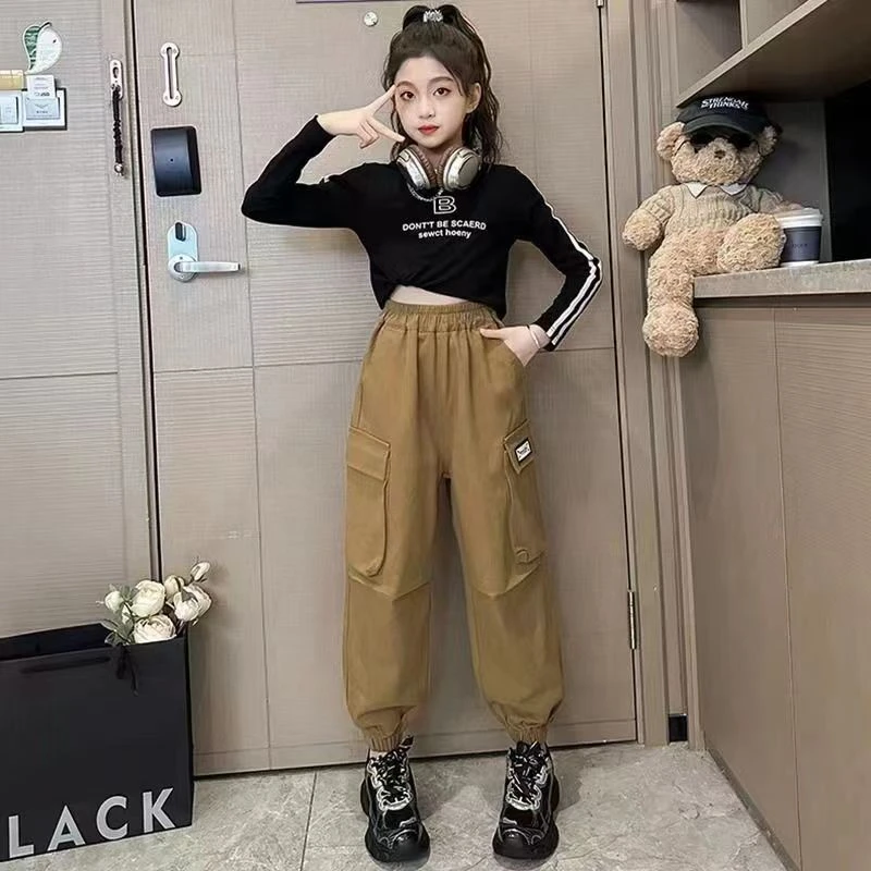 女童工装裤春秋款2025中大童网红爆款美拉德潮牌炸街舞韩版束脚裤