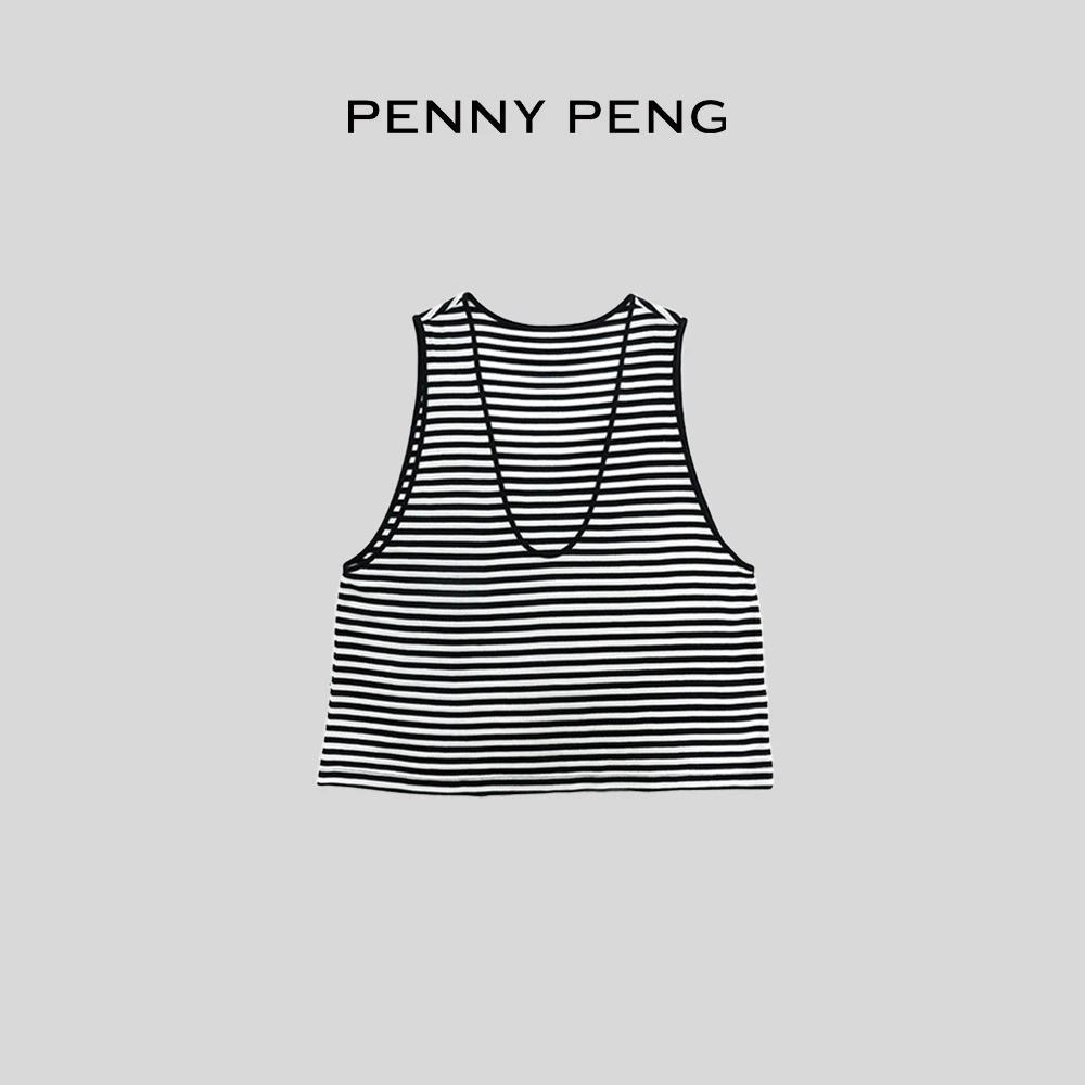 PENNYPENG条纹律动春季100绵羊毛舒适重工质感黑白V领条纹背心