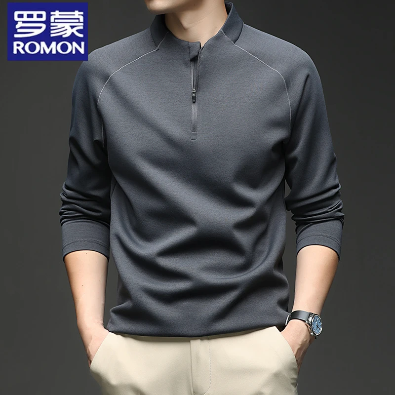 罗蒙春秋季新款男士半高拉链卫衣纯色亨利领T恤打底休闲时尚t恤男