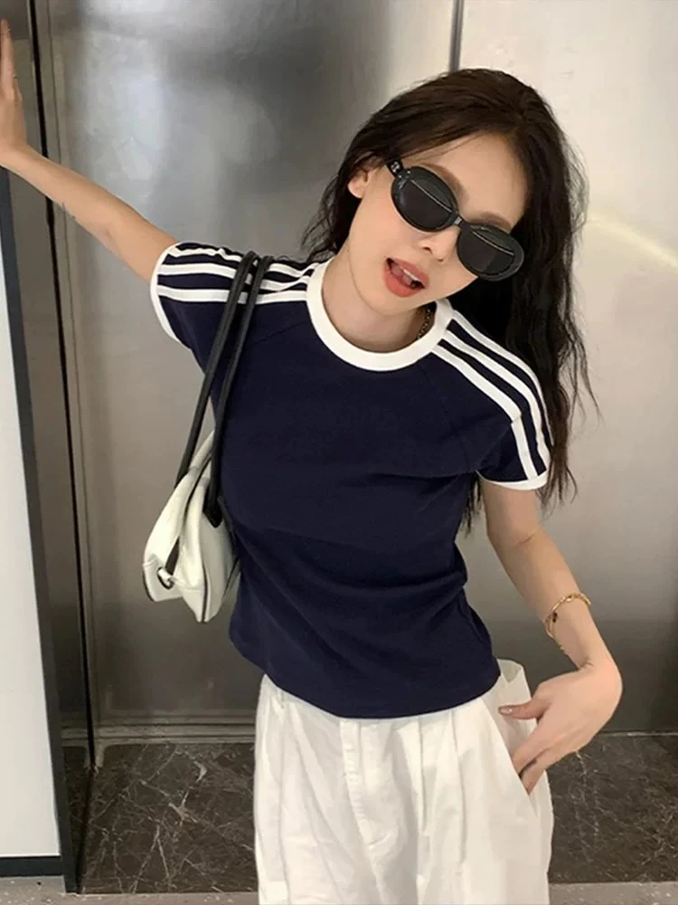 国潮牌纯色纯棉短袖T恤女圆领三条杠美式纯欲修身夏季bm风上衣