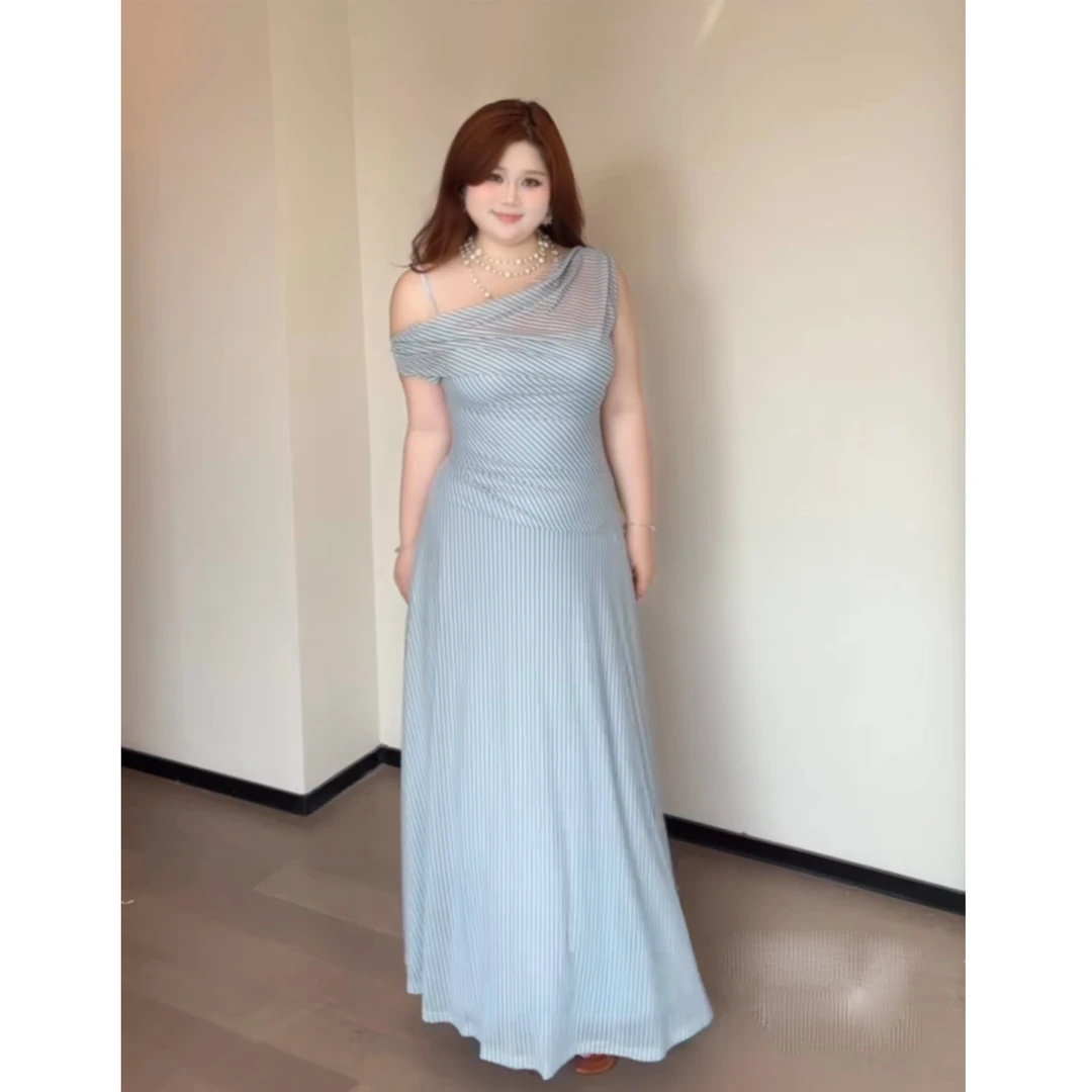 微胖大尺码法式气质度假风小众褶皱收腰洋装女夏季显瘦条纹长裙子