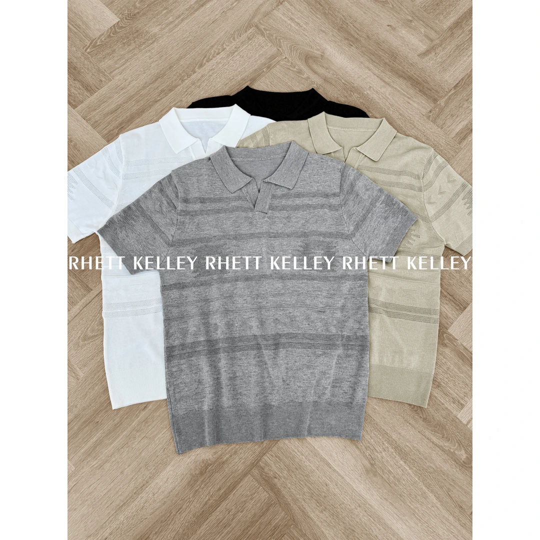 『冰丝亲肤 软糯休闲』老钱风镂空提花条纹海鸥领休闲针织POLO衫