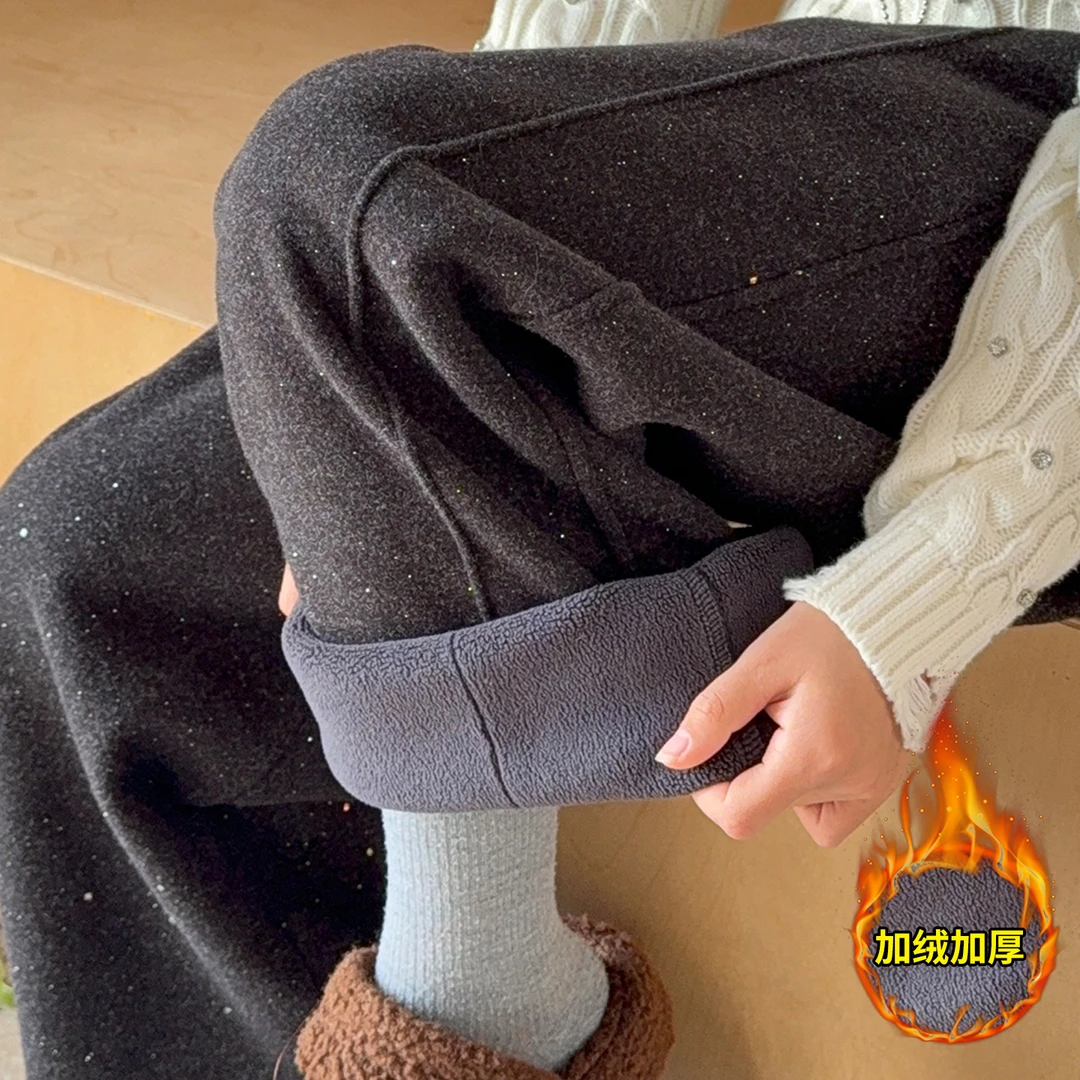 女童加绒阔腿裤秋冬2025新款中大童时髦撒银休闲裤百搭显瘦长裤潮