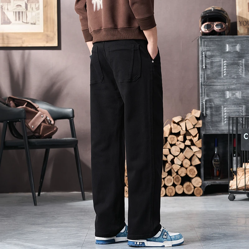 2025春季新款高端牛仔裤男宽松直筒纯黑色裤子秋冬款弹力休闲男裤