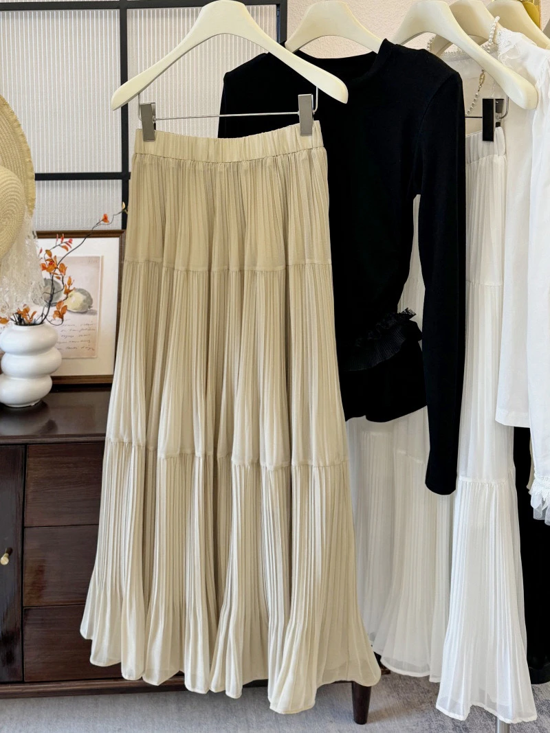 法式复古优雅浪漫超仙百褶高腰半身裙长款伞裙修身大摆雪纺裙子