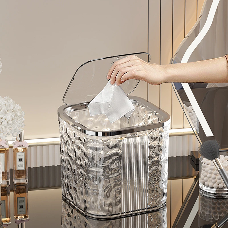 高端水波纹桌面按压式弹盖垃圾桶客厅家用高颜值迷你小号垃圾篓
