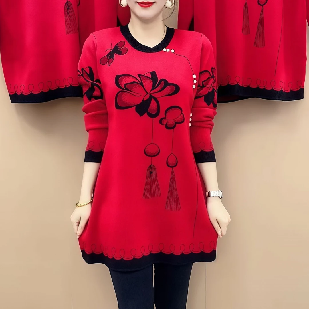 2025春季新款洋气百搭中国风印花宽松打底衫显瘦长袖显瘦中长毛衣