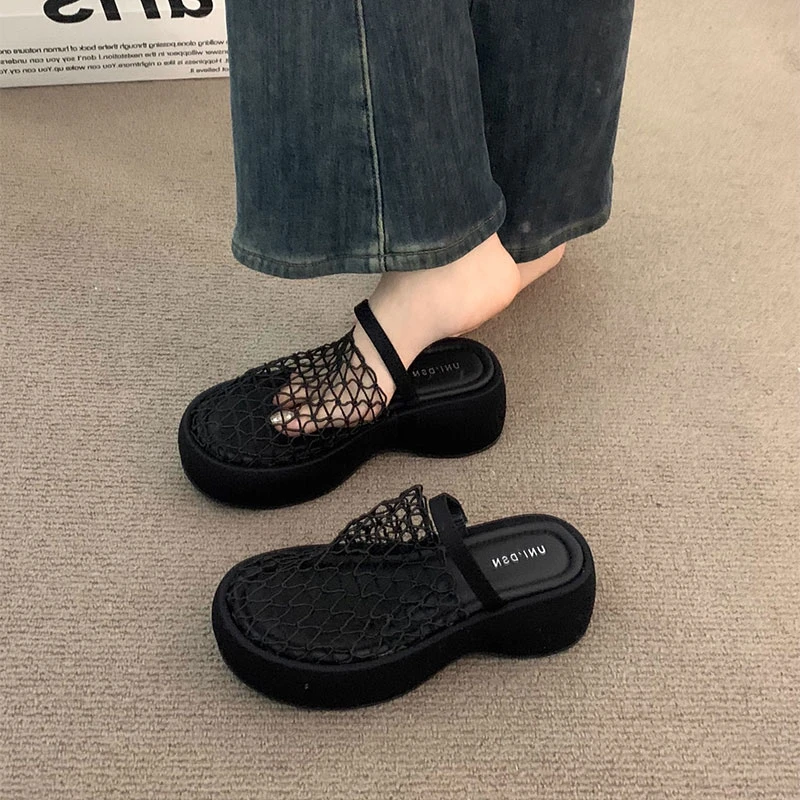 松糕厚底高跟镂空黑色包头凉鞋女夏季温柔仙女小个子内增高半拖鞋