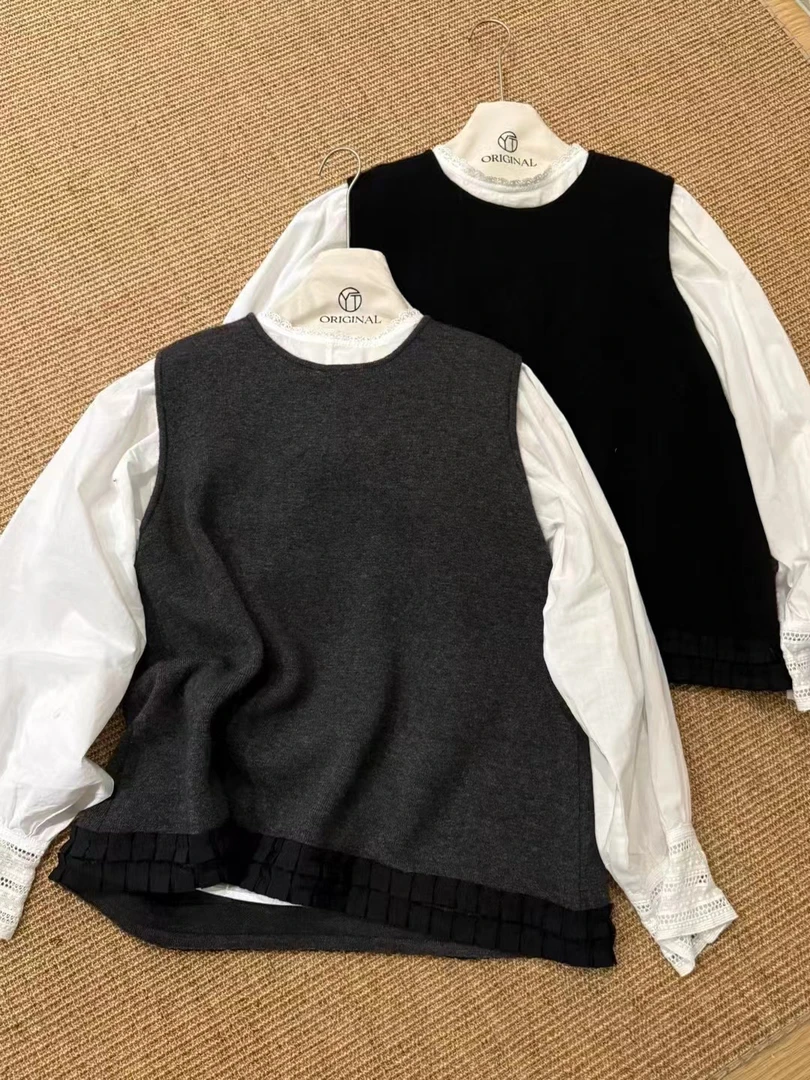 【俪宝】韩系小香气质圆领宽松木耳边拼接衬衫+背心羊毛两件套