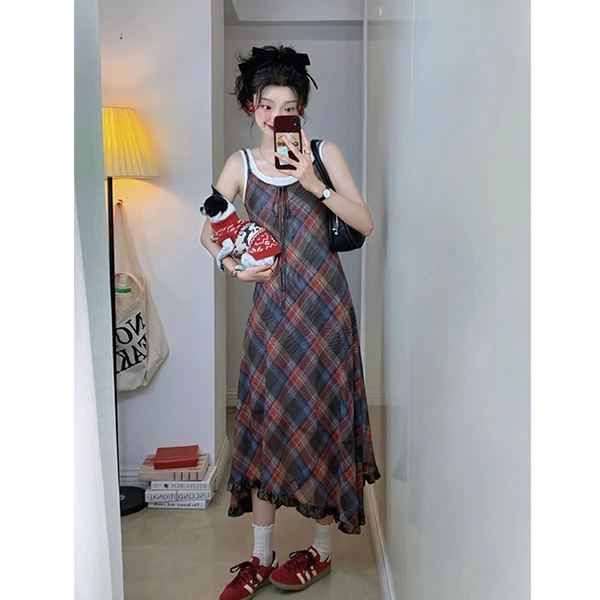1497甜辣妹修身网纱撞色格子吊带连衣裙女夏季小个子过膝长裙