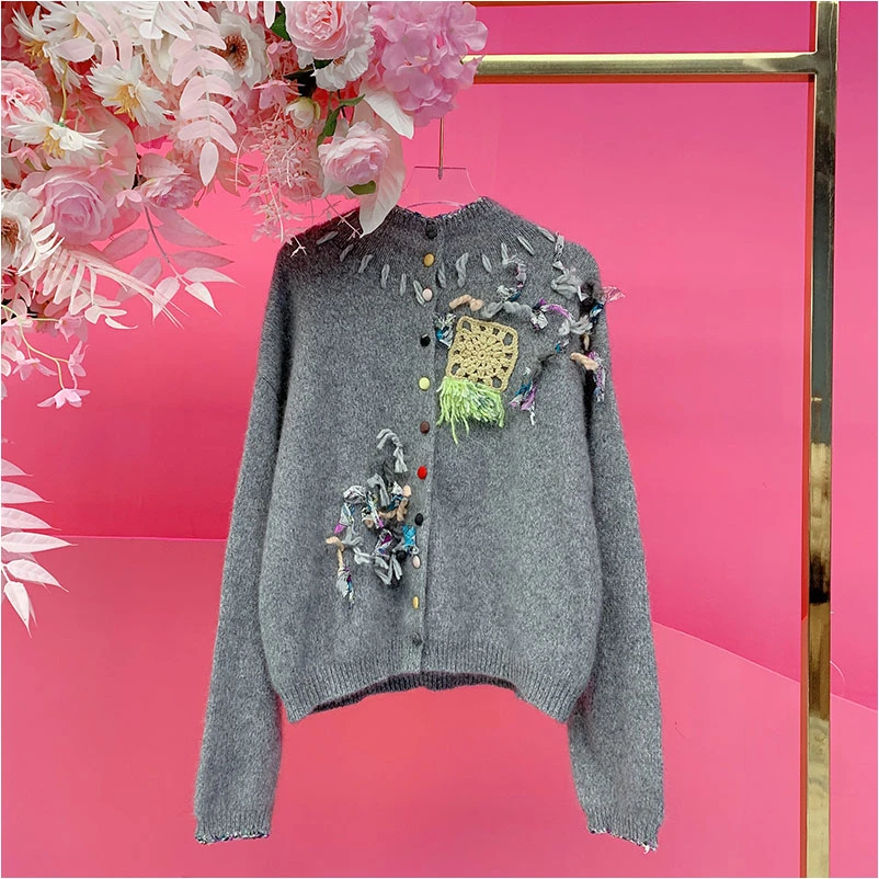 X22914欧美风欧洲货2025夏季新款粗针织刺绣拼接复古气质毛衣开衫