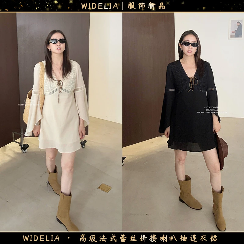 widelia陈魅儿2025春夏新款 高级法式蕾丝拼接喇叭袖连衣裙725925