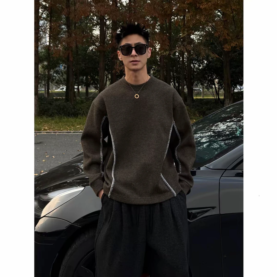 冬季定制撞色时尚休闲痞帅加绒男士卫衣冬季上衣潮流圆领套头上衣