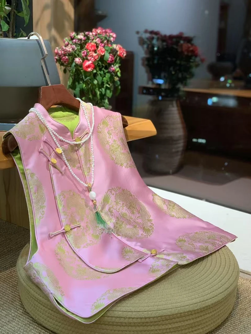 聆夏质造【粉色团龙】 国风新中式祥龙织锦缎立领斜襟双穿马甲